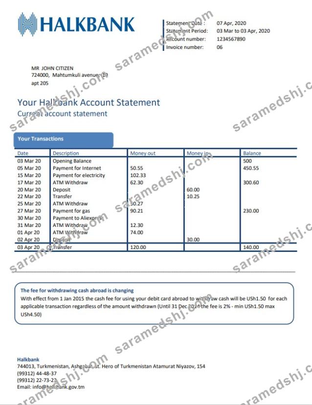 Turkmenistan Halkbank proof of address bank statement template in Word and PDF format, .doc and .pdf format